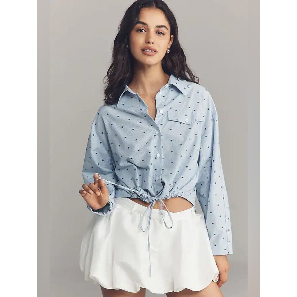 MAEVE Anthropologie Cinched-Waist Button down Blue Shirt Polka Dot Size Large